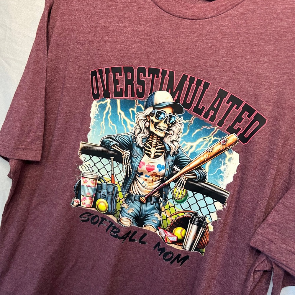 Fanatic T-Shirt Men XL Maroon Overstimulated Softball Mom Skeleton Graphicโ Tee